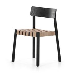 a wooden chair with black legs and a striped seat pad on the back, in front of a white background