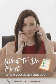 a woman sitting at a desk talking on the phone and holding a telephone to her ear