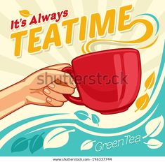 a hand holding a red coffee cup with the words it's always teatime