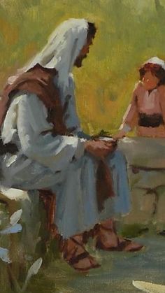 a painting of a woman sitting on a bench next to a man in a bathrobe