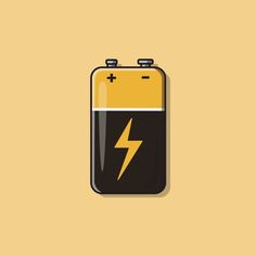 an illustration of a battery with a lightning symbol on the front and back side, in yellow