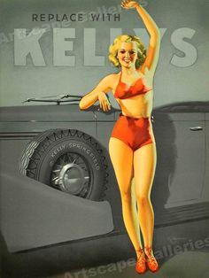 a woman in a bathing suit standing next to an old car with the words kelly's on it