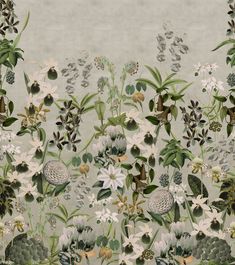 a painting of flowers and plants on a gray background with white, green, and yellow leaves