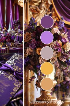 Pin this for luxurious wedding inspiration: a royal purple and gold theme exudes sophistication and timeless beauty. From regal invitations to opulent decor and majestic attire, every detail of your day will reflect elegance and grandeur, creating unforgettable memories. Wedding Colors Purple And Gold, Royal Color Scheme, Wedding Color Schemes December, Royal Purple And Gold Wedding Theme, Purple And Gold Decor, Purple And Yellow Wedding Theme, Royal Purple And Gold Wedding, Purple Wedding Color Schemes, Regal Wedding Theme