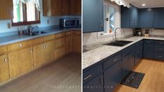 before and after pictures of a kitchen remodel with blue cabinets, granite counter tops and wood flooring