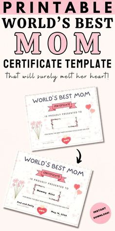 the mother's day gift certificate is shown in pink and white with hearts on it