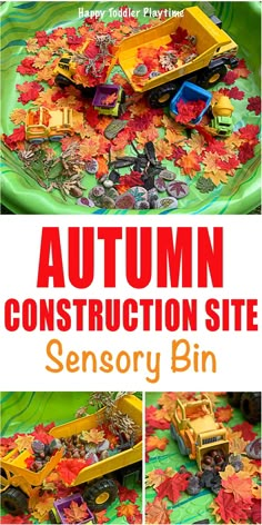 an autumn construction site is shown with leaves and trucks in the background, along with text that reads'autumn construction site sensory bin '