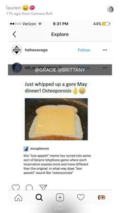 a toasted sandwich with cheese on it and the caption just whipped up a goree may dinner osteoprosis