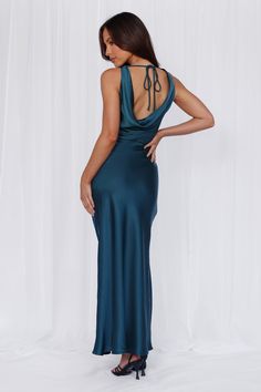 Length from shoulder to hem of size S: 139cm. 
 Chest: 42cm, Waist: 34cm, across front only of size S. 
 Maxi dress. 
 Lined. 
 Model is a standard XS and is wearing size XS. 
 True to size. 
 Non-stretch. 
 Luxurious satin. 
 Cowl neckline. 
 Cowl back. 
 Tie-up back. 
 Split to skirt. 
 Straight, flowy silhouette. 
 Zipper with hook eye closure.  
 Cold hand wash only. 
 Polyester. 
 This material is very delicate. Please handle with care. 
 Please Note: This product is a Exclusive.  
 
 Step Teal Formal Dress, Teal Gown, Candy Dress, Skirt Straight, Prom Shopping, Turquoise Dress, Dream Wedding Ideas Dresses, Cowl Neck Dress, Maxi Dress Wedding