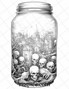 a jar filled with skulls sitting on top of a table