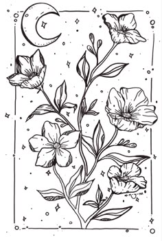 Black and white flower and moon line art Black And White Simple Illustration, Coloring Book Pages Flowers, Flower Drawings Black And White, Black And White Flower Line Art, Black And White Flower Sketch, Art Sketches Plants, Black Line Flowers, Witchy Flowers Drawing, Coloring Pages Aesthetic Flowers