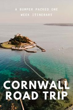 an aerial view of a small island in the ocean with bubbles floating over it and text that reads cornwall road trip