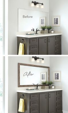 two pictures of the same bathroom vanity with mirrors and lights above it, both showing before and after