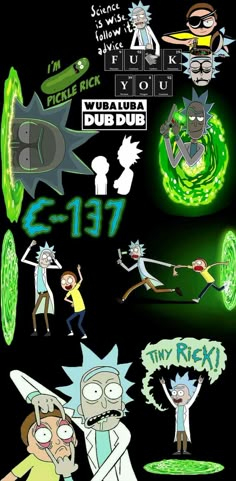 the cartoon characters are depicted in this graphic art work, which includes an image of rick and mort