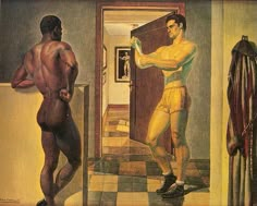 a painting of two men standing in front of a mirror, one with his shirt off