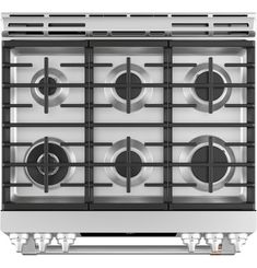 an oven with four burners on the front and two side burners on the back