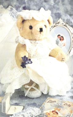 a teddy bear dressed up in a wedding dress