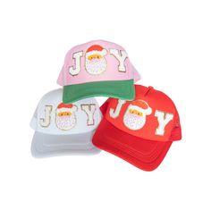 "🎄Celebrate the holiday season in style with this chenille patch Christmas trucker hat!  This cute Santa hat spells out \"Joy\" with chenille patches.  Each patch is ironed on with industrial grade heat to ensure a secure bond.  The trucker hat is a high quality, mid profile, 5-panel hat with a built in sweat band.  The fit is perfect for men or women, yet it still fits women well & is not too big, bulky, and is not high sitting on the head.  This is a perfect accessory for a Christmas lover, C Adjustable Christmas Cap, Fun Adjustable Christmas Hats, White Christmas Cap, White Christmas Holiday Hat, Festive Adjustable Cap, Christmas Party Hat, Cute Trucker Hat, Pink Santa Hat, Christmas Party Hats