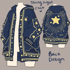 a blue jacket with stars on it and the words, starr night coat back design