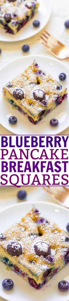 blueberry pancake breakfast squares with powdered sugar on top