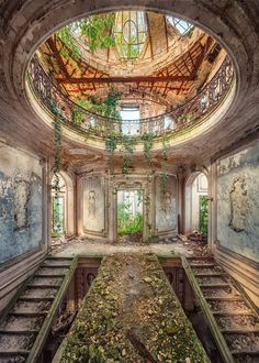 an abandoned building with lots of windows and ivy growing on the ceiling