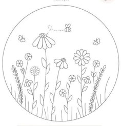 a drawing of flowers and bees on a white circle with the words, bee in flight