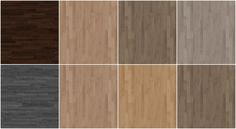 the different types of wood flooring are shown in multiple colors and sizes, including dark brown