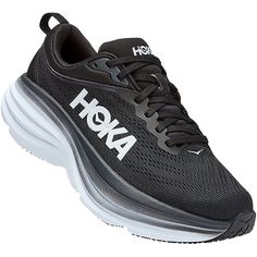 The HOKA Bondi 8 is a sporty women's max cushioned road running shoe that is made with recycled materials and is vegan friendly. These HOKA Bondi 8 Black/White Mesh Women's Shoes have the following features: Engineered mesh construction Recycled content lining mesh Ortholite hybrid sockliner Lightweight, resilient foam Zonal rubber placement for weight savings Vegan friendly Partially gusseted tongue Durabrasion rubber outsole Upgraded with an extended heel, brand-new foam, and pillowed tongue BEST FOR: Everyday Run, Walking, Comfort The American Podiatric Medical Association APMA Seal of Acceptance recognizes products that have been found beneficial to foot health Upper mesh with 50% recycled polyester 87% Recycled polyester strobel board 100% recycled polyester sockliner top cloth 112795 Best Nursing Shoes, Hoka Bondi 8, Athleisure Sneakers, Trending Sandals, Nursing Shoes, Flip Flop Shoes, Trail Shoes, Road Running, White Mesh