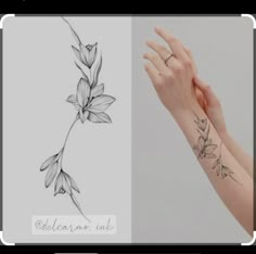 two different tattoos on one arm and the other hand, with flowers in each side