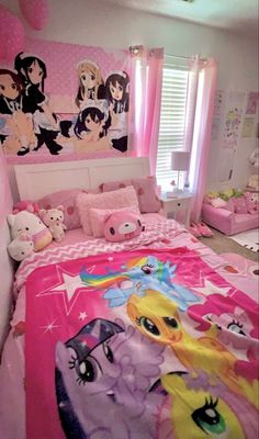 a bed room with a neatly made bed and many cartoon characters on the wall behind it