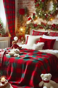 a bedroom decorated for christmas with teddy bears on the bed