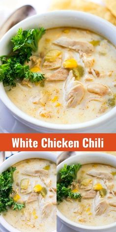 white chicken chili soup in four different bowls