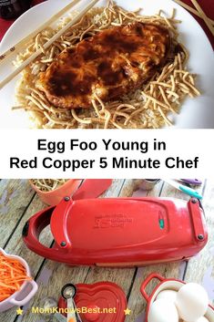 an egg foo young in red copper 5 minute chef recipe on a white plate with chopsticks