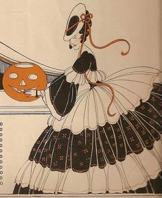 an illustration of a woman dressed in black and white holding a jack - o'lantern