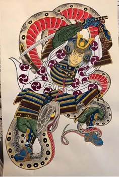 Yoichi Tanaka, Japanese Demon Tattoo, Japanese Warrior Tattoo, Chest Tattoo Stencils, Japanese Snake Tattoo, Ronin Samurai, Scene Tattoo, Japan Tattoo Design