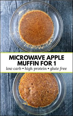 microwave apple muffins in glass bowls on top of a wooden table with text overlay