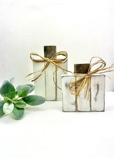 two white square vases tied with twine and some green plants next to them