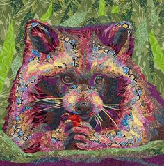 a painting of a raccoon with green leaves in the background and purple flowers