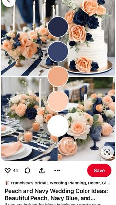 the wedding cake is decorated with peach and navy blue flowers, candles, and roses