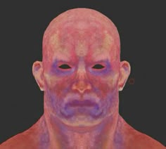 an image of a bald man with blue eyes and pink skin on his face looking at the camera