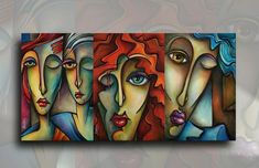 an abstract painting of three women's faces with different colors and shapes on them