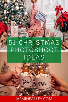 two mugs filled with marshmallows and candy canes in front of a christmas tree