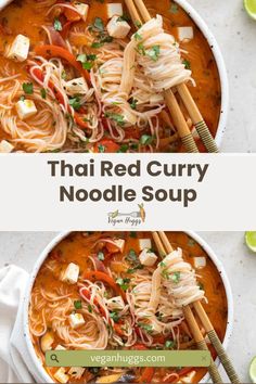 thai red curry noodle soup in a bowl with chopsticks on the side