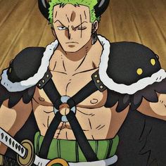 an anime character with green hair and horns on his head holding two swords in front of him