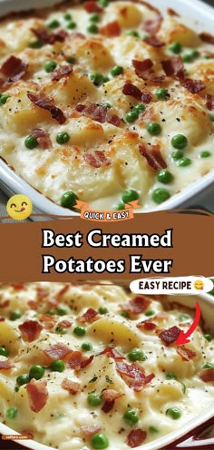 two pictures showing different types of potatoes and peas in a casserole dish with the words best creamed potatoes ever