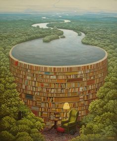 a painting of a library with a lake in the middle and lots of books on it