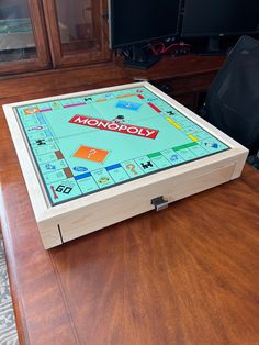 a monopoly board sitting on top of a wooden table