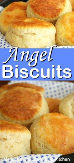 some biscuits are sitting in a pan on a table with the words angel biscuits above them