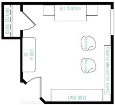 the floor plan for an art station with two beds, one desk and another sitting area