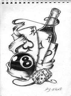 a black and white drawing of a bowling ball, two dices and a bottle